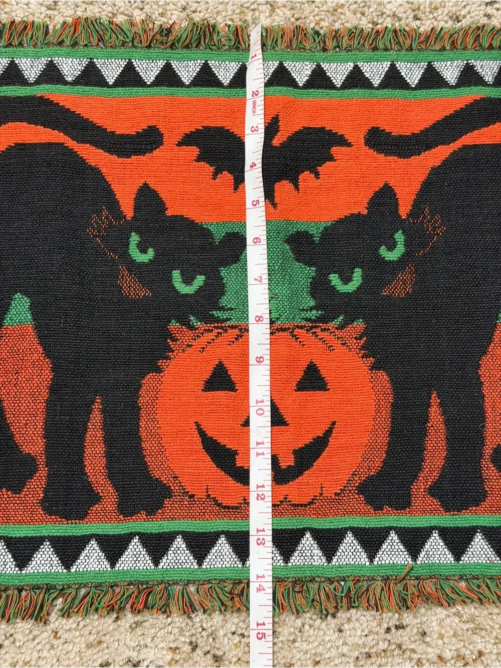4 Vtg Halloween Table Runner Woven Tapestry Fringe 37” X 14.5” Black Cat Pumpkin